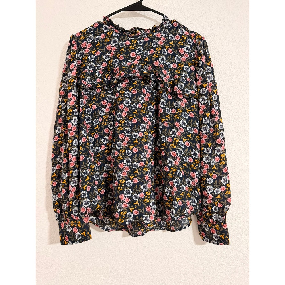 LOFT Floral Ruffle Trim Long Sleeve Blouse Navy Pink Yellow Size M